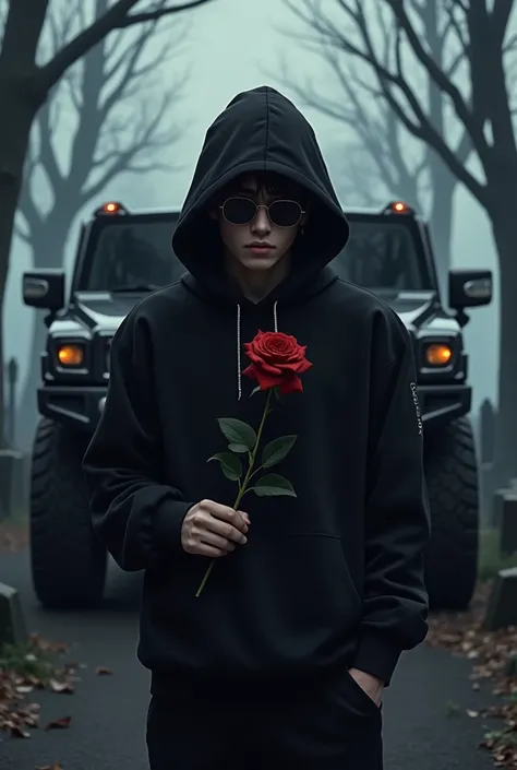 A men with black hoodie,cemetery in background,rose in hand,sunglasses,black clothing,dark,black hummer ,anime,manga,