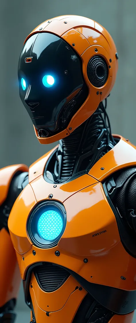 robot，(humanoid:1.3)，Humanoid robot，masterpiece，Best Quality，High resolution，(((Photorealistic)))，RaW写真，Ray Tracing，Physically Based Rendering，Artificial Intelligence，(a.I.:1.4)，(((Orange body)))，(((Glowing blue round eyes)))，A blue glowing reactor in the ...