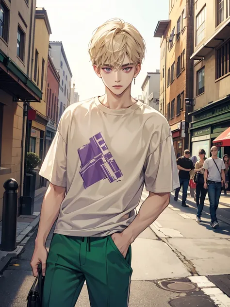 A young man with cream beige-colored side-parted hair and purple eyes. Hes wearing casual outfit. Background in town. wear t shirt green outfit. he not expression. he gangster