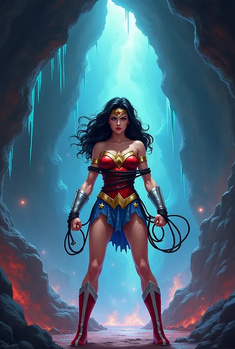 Cartoon Wonder Woman bound in a cave