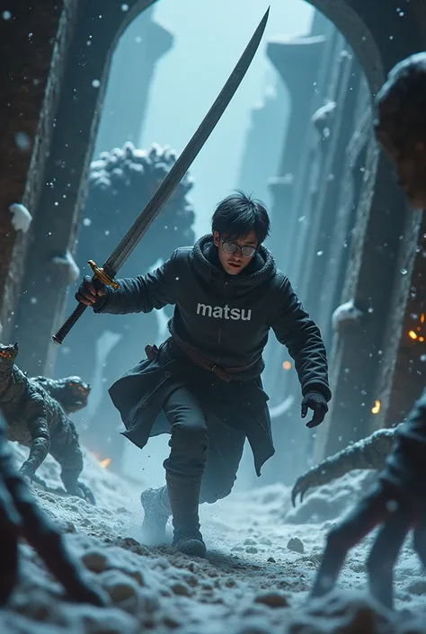 aesthetic writing "Matsu" on the front, very high quality photo, an epic scene, a man wearing glasses from Indonesia wearing a coat and shoes, holding a legendary sword, running around the corner of the dungeon fighting level 8 monsters, winter, sad, full ...