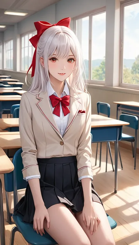 
long straight white hair, red hair ribbon, school uniform with a beige blazer, white shirt, red bow tie, and black skirt, sitting pose, looking to the side, indoor classroom with desks and chairs, bright daylight coming through large windows, soft shadows...