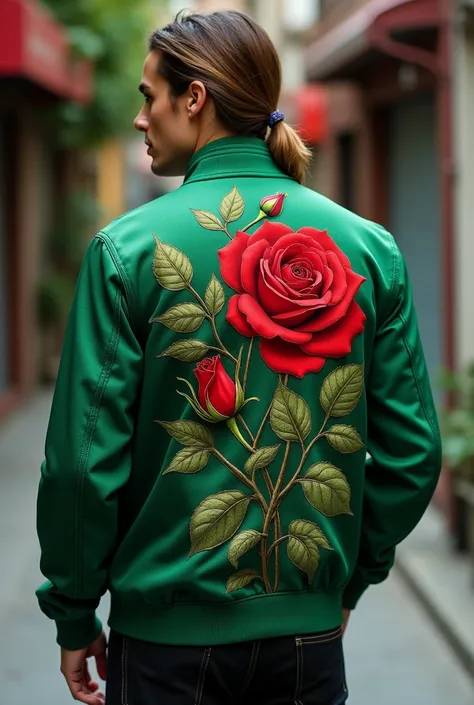 Green Jacket with the design like red rose with leaves 