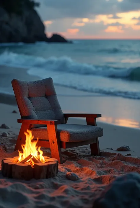 a close up of a chair near a fire on a beach Dive into the mesmerizing world of highly detailed wonders, softly lit and DSLR Wide Angle Lens, crafted in hyperrealism, high detailed