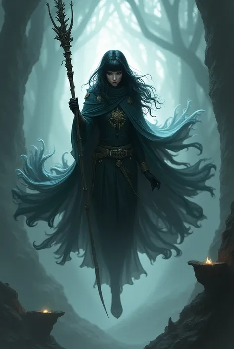 full body display、necromancer、Conjuring、One woman、、Long black hair、With bangs、Wearing a cloak、Carrying a walking stick、Black ghosts flying around、White ghosts flying around、The Necromancer is floating in the center、The ghosts swirl behind、