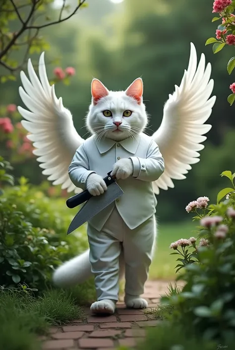 A handsome white cat wearing a white shirt and pants is cutting his white wings with a big knife, he is seen in the garden 