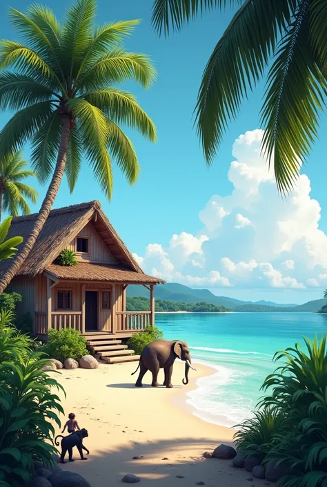 House on the sea and background coconut trees and monkeys and elephants 
