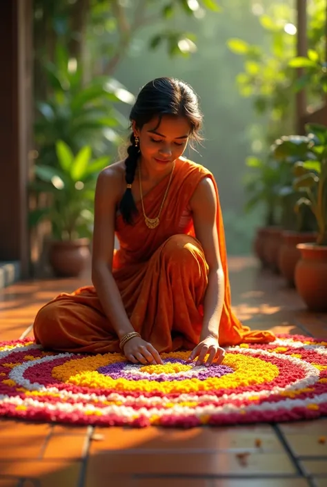  a kerala girl ware saree in traditional way making pookalam in onam celebration
