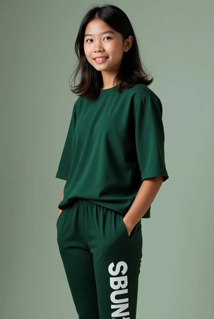 Realistic Photo Teenage girl Indonesian dark green School sports uniforms  and dark green leggings with her School name written SMP Negeri 35 Kota BandungThe letters are large in Leggings Dark green sports school sports From his waist to his knees Solo, 