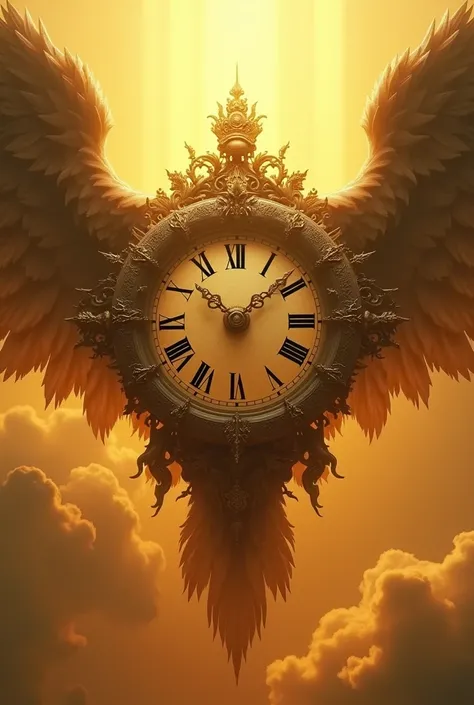 Giant clock that has eyes and pair of wings flying through golden light
