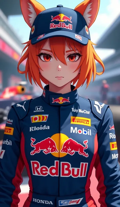 (realistic) Long shot plan. Senko from anime. 800 year old fox wife. hair short orange with fox ears. She is wearing a blue cap with ear holes of the FORMULA1 RedBull team. She has a businesslike look. (Racing uniform of the FORMULA1 RedBull team. In the m...