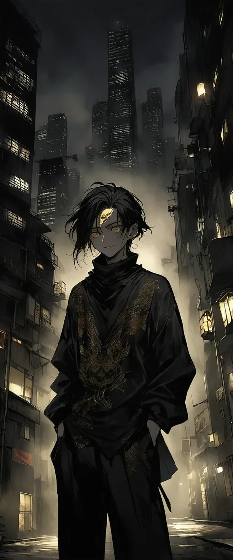 Anime Style。A black silk shirt embroidered with gold patterns。Alley in the fog。Skinny young man standing with his hands in his pockets。Droopy eyes。Thin face。Nihilistic smile。Black beard and beard。Long black hair。forehead,。Ethnic gold tattoo on forehead。Gol...