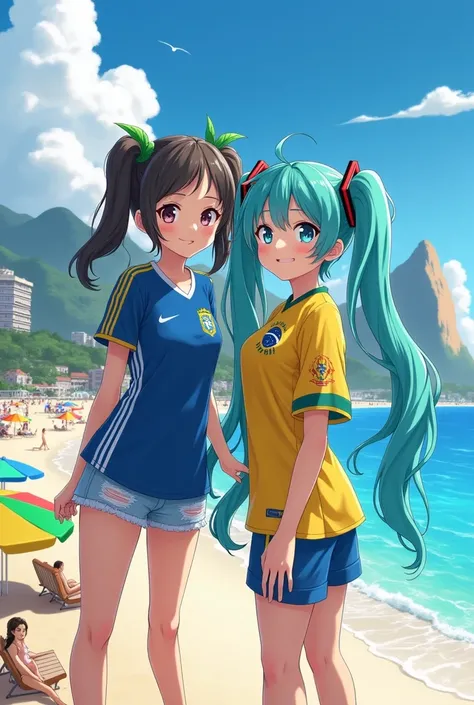 Hatsune Miku and Nezuko wearing a Brazilian national team shirt and denim shorts on the beach in Rio de Janeiro 
