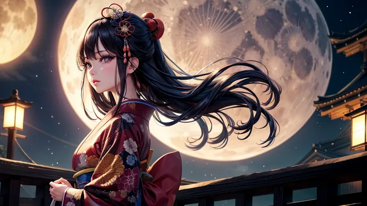 A beautiful Japanese girl with long black hair and brown eyes, wearing a stunning Japanese kimono, standing in front of the Kyoto cityscape at night with a full moon, (best quality,8k,8k,highres,masterpiece:1.2),ultra-detailed,(realistic,photorealistic,pho...