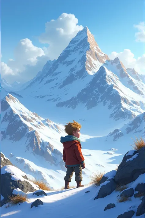 A boy standing in mountains
