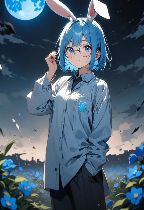 score up_9,score up_8,score up_7,source_anime,rating_safety,sfw,masterpiece,best quality,super detailed,super fine illustration,8k,cowboy shot,1 girl,16yo,Alone,(rabbit ears:1.3),short hair,bob,blue hair,blue eyes,round glasses,(middle breast:1.2),standing...