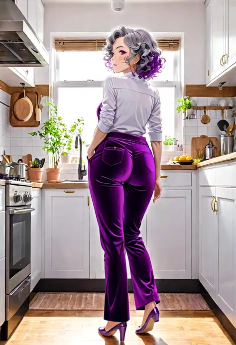 70-year-old Woman Wrinkled skin Grey curly hair Purple velvet wide-legged pants Kitchen View from behind