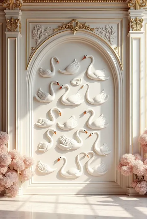 (photorealism:1.2), royal background. I want the wall filled with swans engraving. The color theme is white, gold, ivory and soft pink.