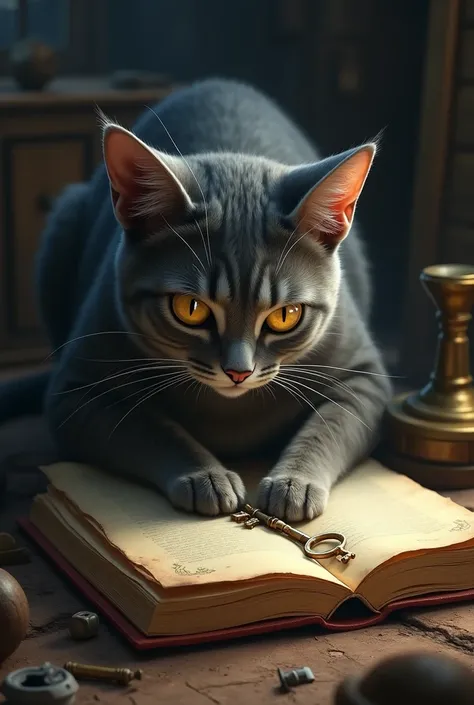 After an extensive search, Sasha, the sleek gray cat, finally finds the key hidden inside an old, dusty book. As she nudges the book open with her paws, the brittle, yellowed pages fall apart, revealing the key nestled between them. The key glimmers with a...