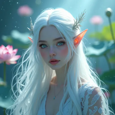 (best quality,4K,8k,High resolution,masterpiece:1.2), super detailed, (Actuallifelike,lifelike:1.37),perfect job，（（（Beautiful magic elf， white hair，）））。lotus，Frost，transparent。，high dynamic range，ultra high definition，Light，super beautiful painting，sharp f...