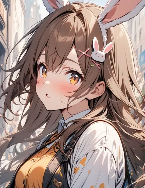 One girl, Long Hair, Brown Hair, rabbit hair accessories, 