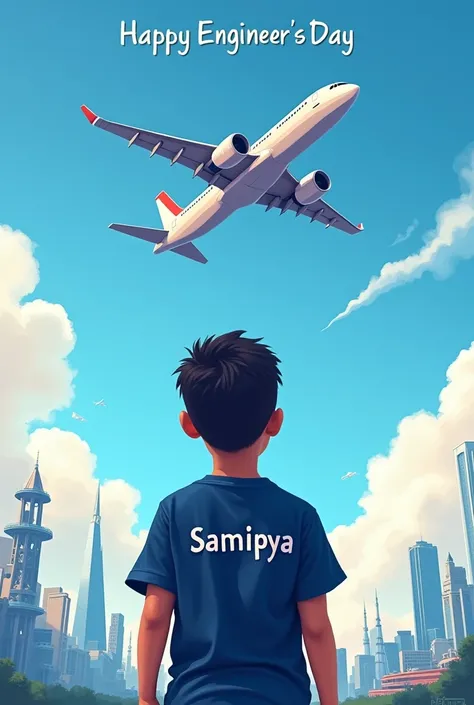 A boy seeing a airplane and give me a scene where boys tshirt has written Samipya in white font on back of it and he is watching airplanes and today is engineers day so give a text of engineers day on sky
And in background also put some pictures related to...