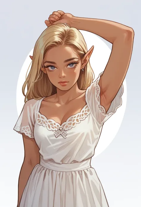 female elf with blonde hair, attractive, beautiful, (thick arm), thick and wide arm, arm is big, tanned skin