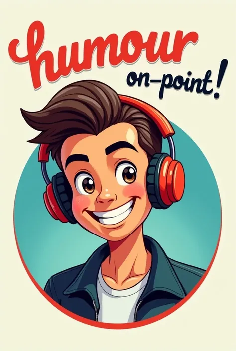 A image containing small text as "Humour_On_Point1" on top and a animated handsome man having headsets and smiling and wearing jacket on bottom. And image in a circular way. Also write the text