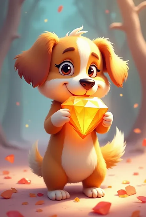 An animated dog holding an orange diamond 