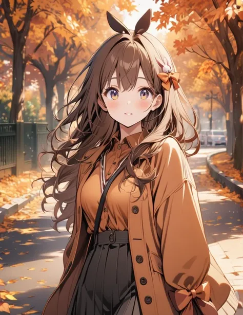 One girl, Long Hair, Brown Hair, rabbit hair accessories, autumn