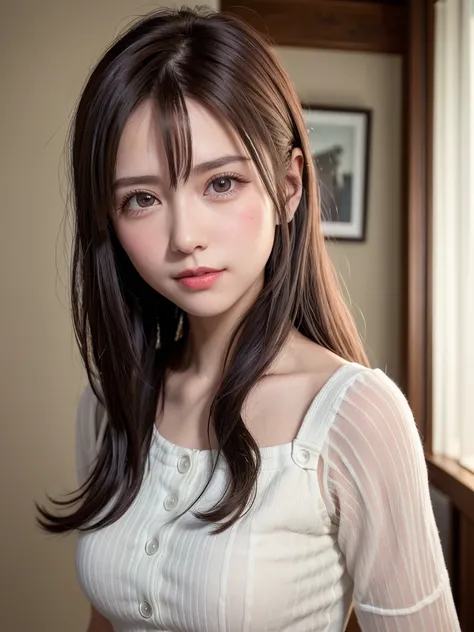 natta, Raw photography, (((Very beautiful portrait))), ((glistning skin)), 1girl in, Sexy 2 girl, Cafe Clerk、((Sauvages natural brown hair)), Gentle smile staring at the camera, ((​masterpiece, top-quality, ultra-detailliert, ciinematic light, intricate de...