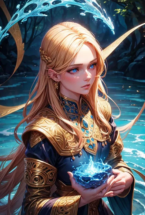 a gorgeous girl with golden hair and blue eyes, detailed eyes and lips, extremely detailed face, intricate jewelry, using elemental earth, fire, wind and water magic, surrounded by nature, highly detailed digital painting, concept art style, photorealistic...