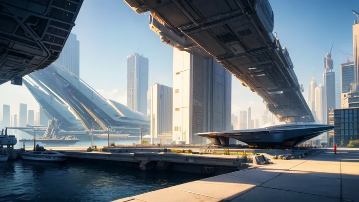 Realistic image in a city sunny day realistic shadows good lighting a futuristic science fiction harbor highlighting parked next to the futuristic science fiction crane. Cargo propulsion spacecraft with compartments. It has a large futuristic shed seen fro...