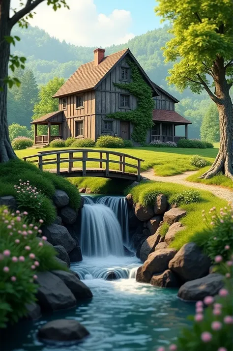 Generate a farm house surrounding a greenery with a small bridge and beautiful falls infront of it