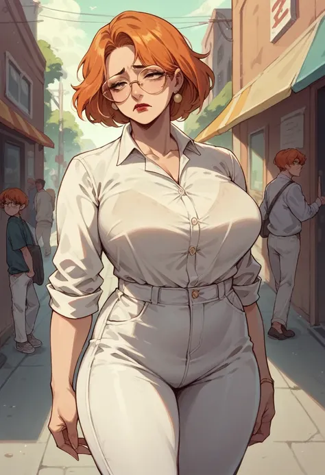 White woman, Orange hair, Bob hair, curvy, red lipstick, milf, walk in street, sad face, white pants, yellow sleevelees formal shirt, sun glasses,