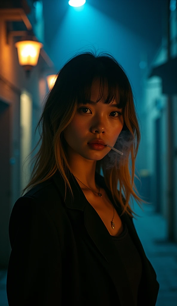 A young blond woman with a warm, golden-brown skin tone and straight black hair, stands in a dimly lit, film noir-inspired alleyway, reminiscent of a Wong Kar-wai film. Soft, warm, orange-toned sodium vapor streetlights cast long shadows behind her, while ...