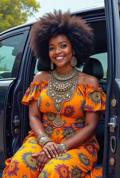 A water calor painting of a Beautiful African woman, mid 30s, chubby. With natural afro hair, wearing african print clothes, and a lot of jewelry on her face driving a big SUV black car