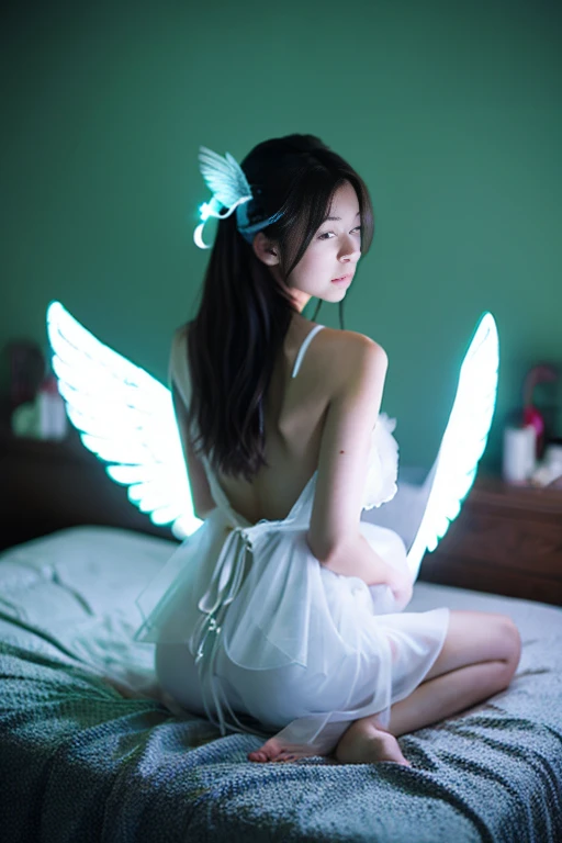 A girl with glowing angel wings on her back