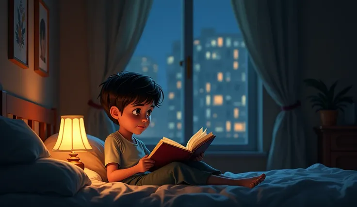 In this story we see a boy named Ahmad sitting in his room reading at dark night