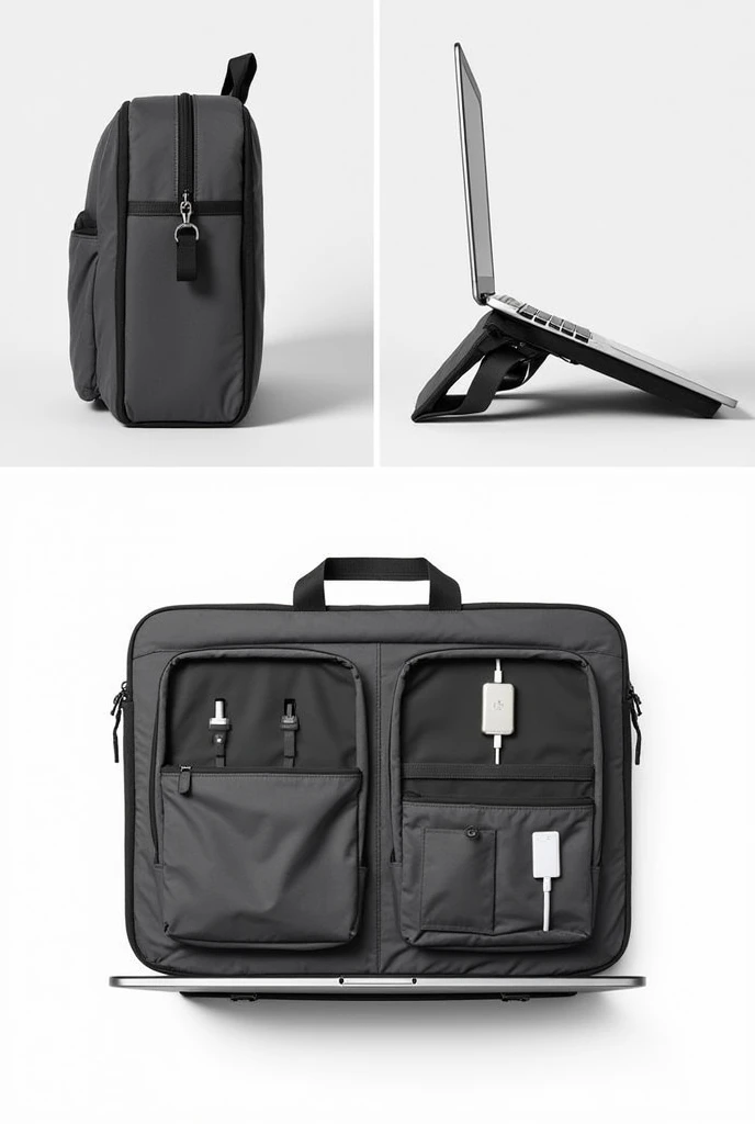 Sketch of the Unibag:Fold-out compartments for laptop stand function.Pockets with built-in cables for phone charging.Lightweight, sturdy materials to hold the laptop securely.