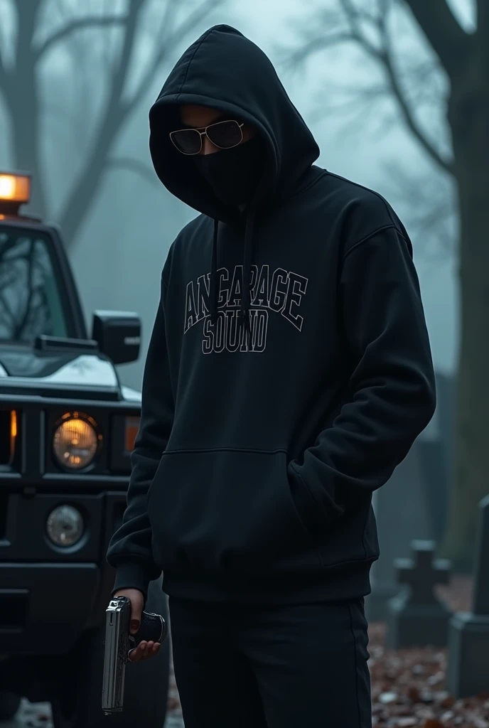 A rapper with black hoodie,mask on mouth,cemetery in background,gun hand,sunglasses,black clothing,angarage sound text on hoodie ,dark,black hummer ,anime,manga,manga,cartoon,craw