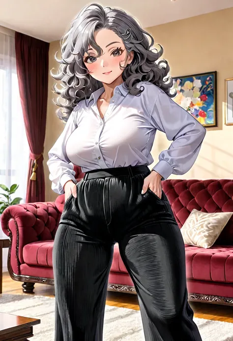 70-year-old Woman Wrinkled skin Grey curly hair Black corduroy pants Huge bulge in her pants Sexy Living room 