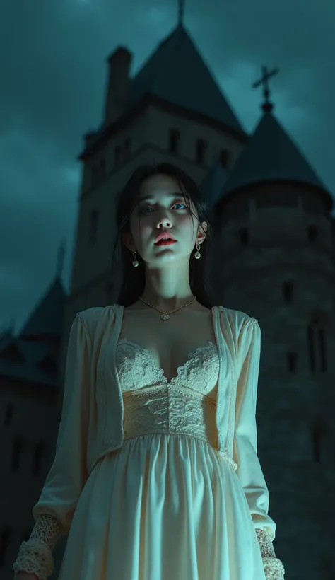 (32K:1.9, Horror depictions:1.9, Best Quality, masterpiece, Ultra-high resolution), Perfect dynamic composition:1.3, Detailed skin and face textures:1.3, (Another World, night, Dark Castle:1.5, Professional low-angle camera work, Cinema Lighting), ((sexy, ...