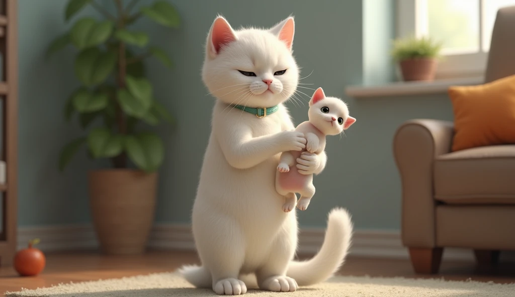 "A Realistic white cat standing on two feet in a room, holding a small dog in its hands. The cat has a facial expression that suggests it’s talking or explaining something, with a look of seriousness or curiosity."