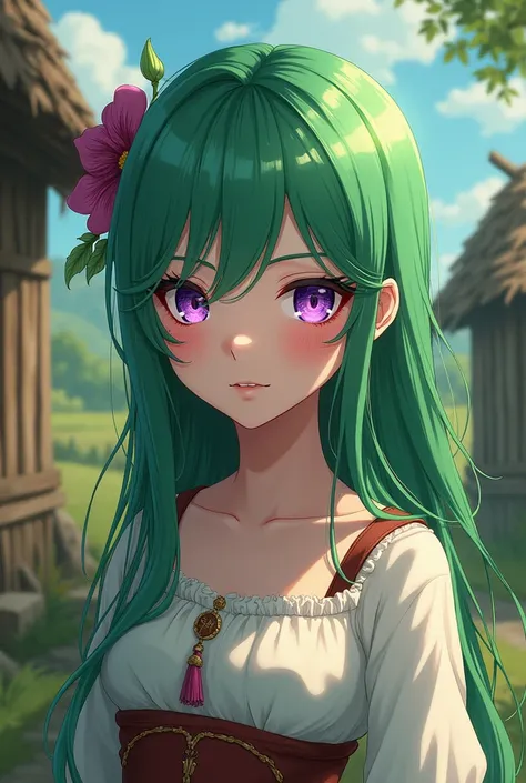 Peasant woman with green hair, white skin, and purple eyes, anime style