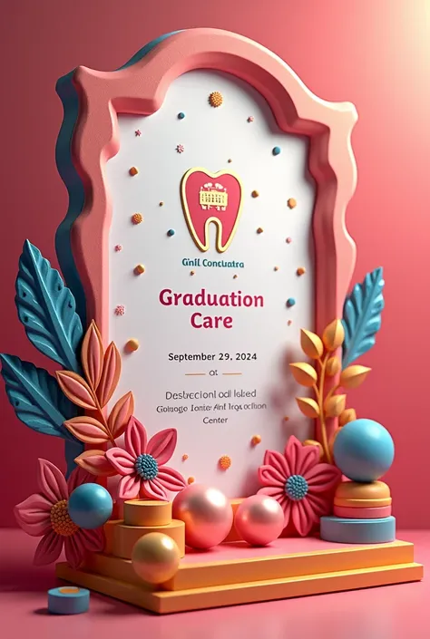 Create a invitation card for garduation day 
Include a prominent Dental logo and feature festive elements in 3D
Ensure the text  September 29, 2024, at Daswani Dental College and Research Center  is included in a bold, clean font that complements the graph...