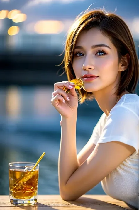 (Realistic, 超Realistic:1.4), 16K HDR, High resolution,Brown short hair,The best smile、Japanese actress,so beautiful(It looks like the real thing),Short sleeve dress,Whiskey Bottle、The Macallan、Johnnie Walker、、Old Parr、whiskey、Suntory、Nikka、Slim couple、Mode...