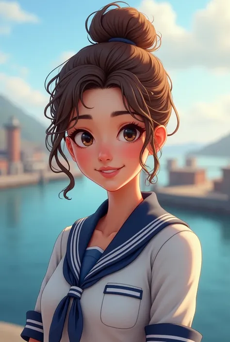 A maritime student woman introducing herself with wavy hair bun hair 