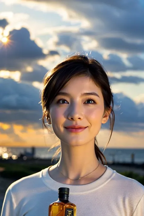 (Realistic, 超Realistic:1.4), 16K HDR, High resolution,Brown short hair,The best smile、Japanese actress,so beautiful(It looks like the real thing),Short sleeve dress,Whiskey Bottle、The Macallan、Johnnie Walker、、Old Parr、whiskey、Suntory、Nikka、Slim couple、Mode...