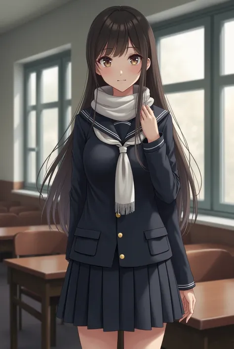 Women,2，Weight: 75kg，Height: 148cm，Winter sailor uniform，White scarf，Long skirt，classroom，upright，